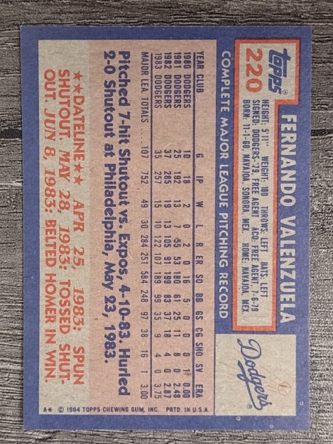 1984 Topps #220 Fernando Valenzuela