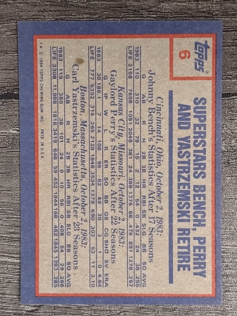 1984 Topps #6 Johnny Bench/Gaylord Perry/Carl Yastrzemski HL