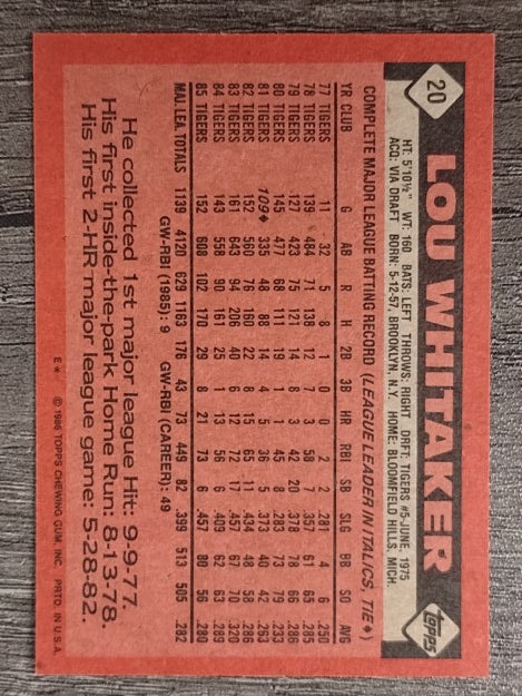 1986 Topps #20 Lou Whitaker