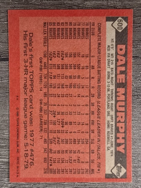 1986 Topps #600 Dale Murphy