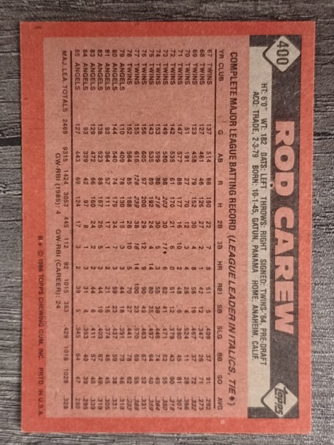 1986 Topps #400 Rod Carew
