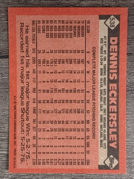 1986 Topps #538 Dennis Eckersley