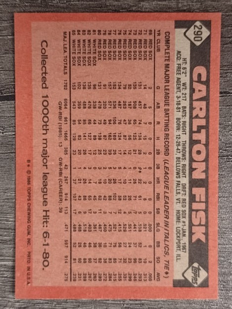 1986 Topps #290 Carlton Fisk