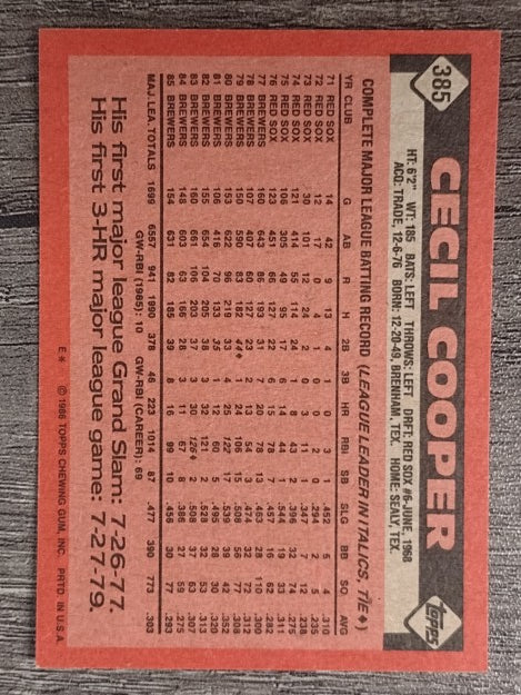 1986 Topps #385 Cecil Cooper
