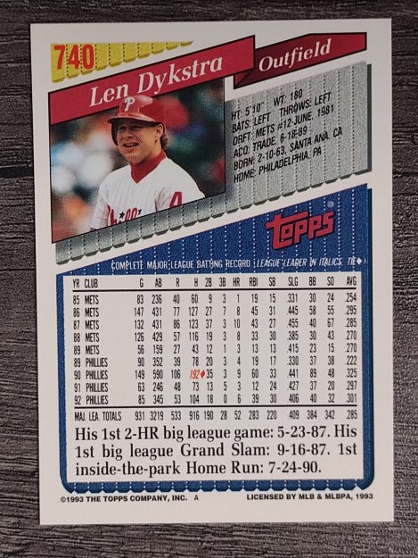 1993 Topps #740 Len Dykstra