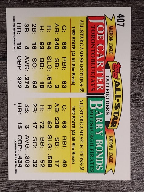 1993 Topps #407 Barry Bonds/Joe Carter AS