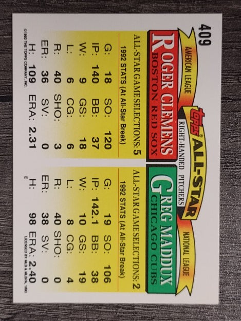 1993 Topps #409 Greg Maddux/Roger Clemens AS