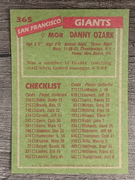 1985 Topps #365 Danny Ozark MG