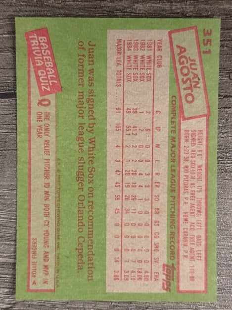 1985 Topps #351 Juan Agosto