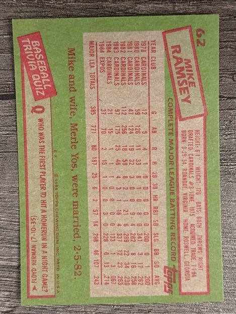 1985 Topps #62 Mike Ramsey