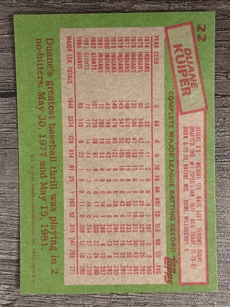 1985 Topps #22 Duane Kuiper