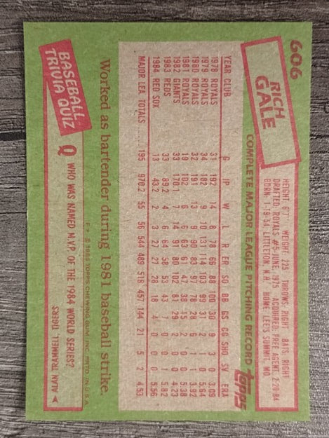 1985 Topps #606 Rich Gale