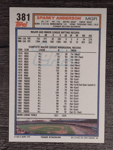 1992 Topps #381 Sparky Anderson MG