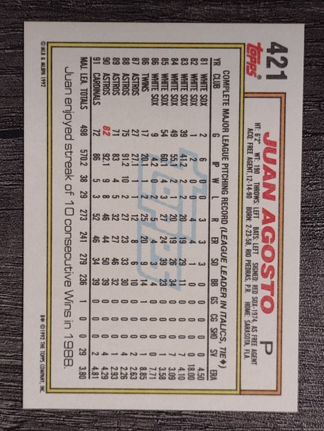 1992 Topps #421 Juan Agosto