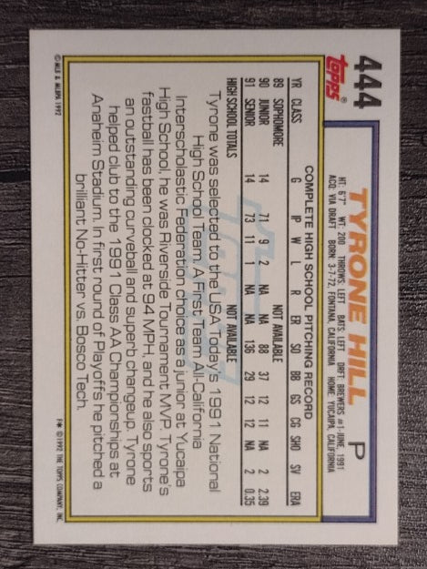 1992 Topps #444 Tyrone Hill RC