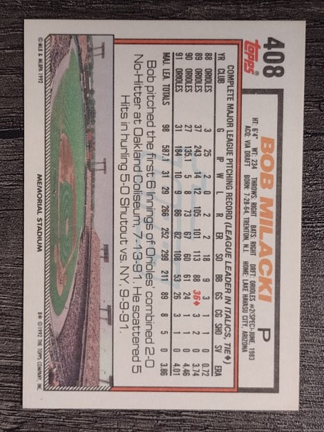 1992 Topps #408 Bob Milacki