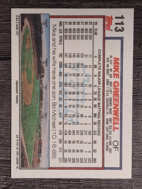 1992 Topps #113 Mike Greenwell