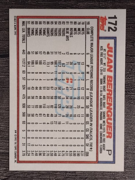 1992 Topps #172 Juan Berenguer