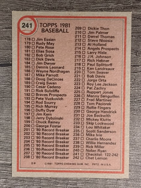 1981 Topps #241 Checklist 122-242