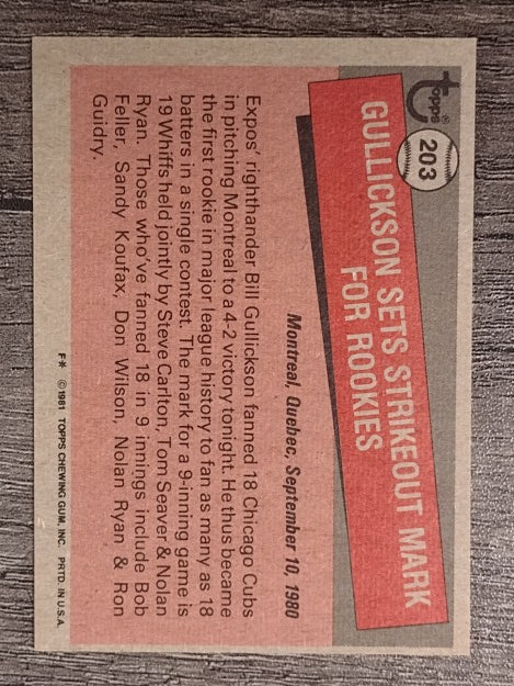 1981 Topps #203 Bill Gullickson RB