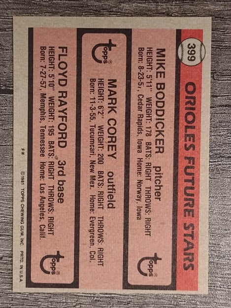 1981 Topps #399 Mike Boddicker RC/Mark Corey/Floyd Rayford RC