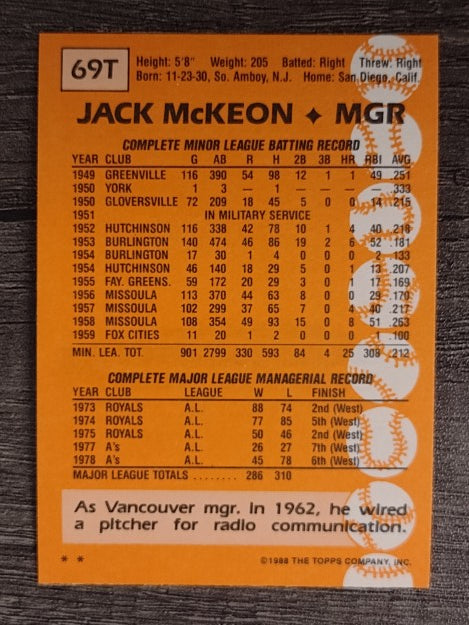 1988 Topps Traded #69T Jack McKeon MG