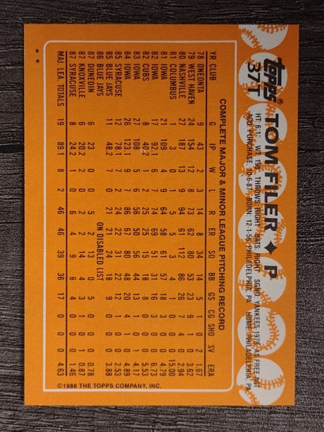 1988 Topps Traded #37T Tom Filer