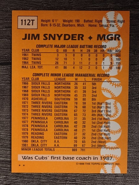 1988 Topps Traded #112T Jim Snyder MG