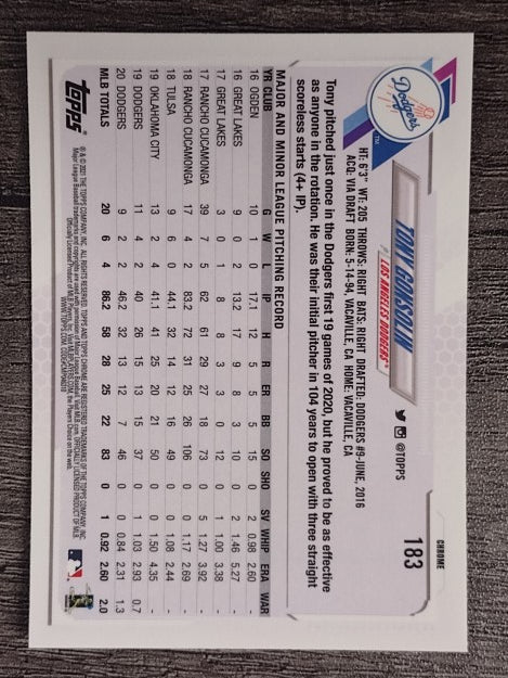 2021 Topps Chrome Prism Refractors #183 Tony Gonsolin