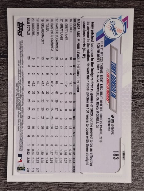 2021 Topps Chrome Refractors #183 Tony Gonsolin