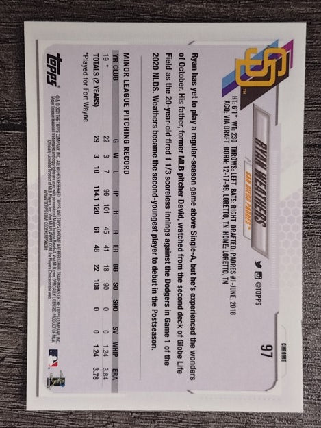 2021 Topps Chrome #97 Ryan Weathers RC