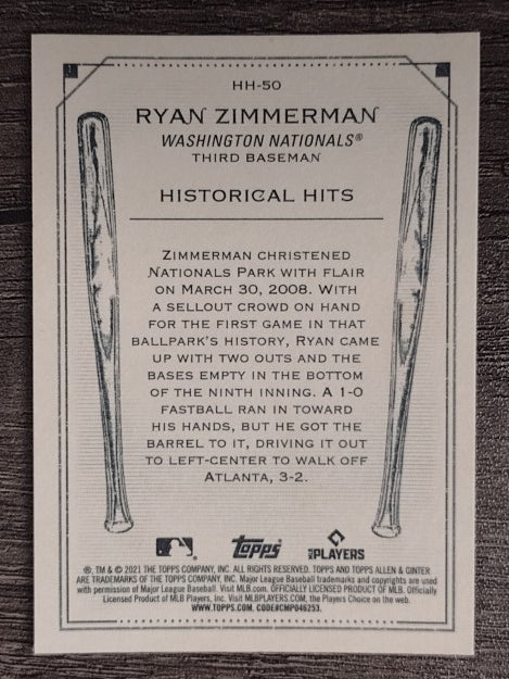 2021 Topps Allen and Ginter Historic Hits #HH50 Ryan Zimmerman