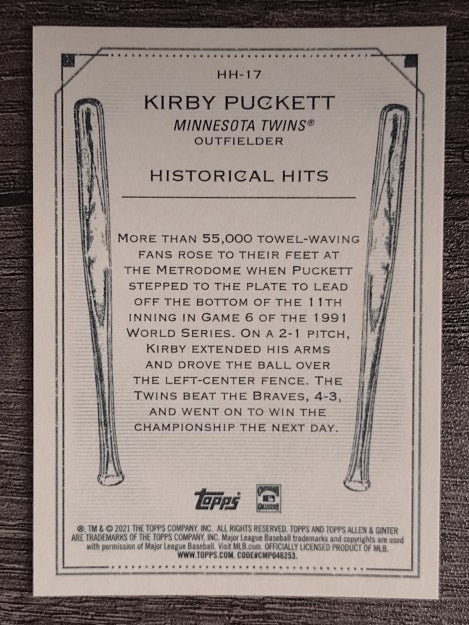 2021 Topps Allen and Ginter Historic Hits #HH17 Kirby Puckett