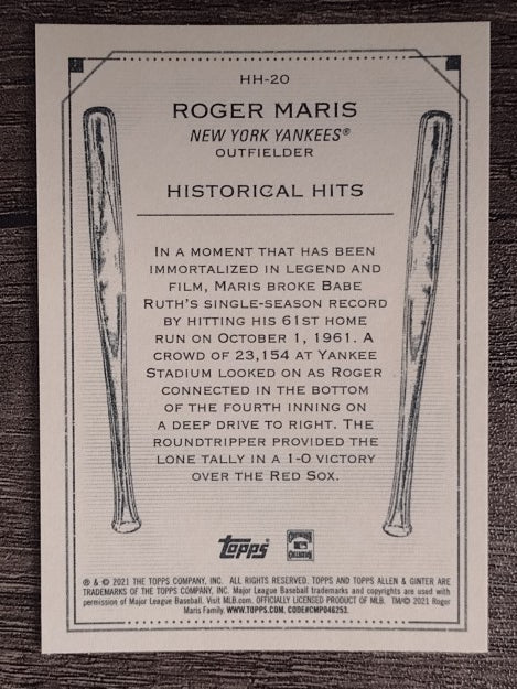 2021 Topps Allen and Ginter Historic Hits #HH20 Roger Maris