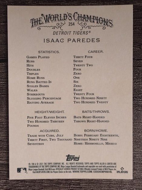 2021 Topps Allen and Ginter #254 Isaac Paredes RC
