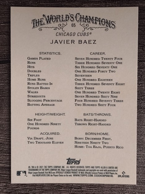2021 Topps Allen and Ginter #65 Javier Baez