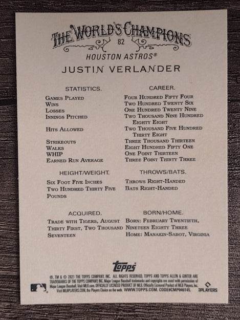 2021 Topps Allen and Ginter #82 Justin Verlander