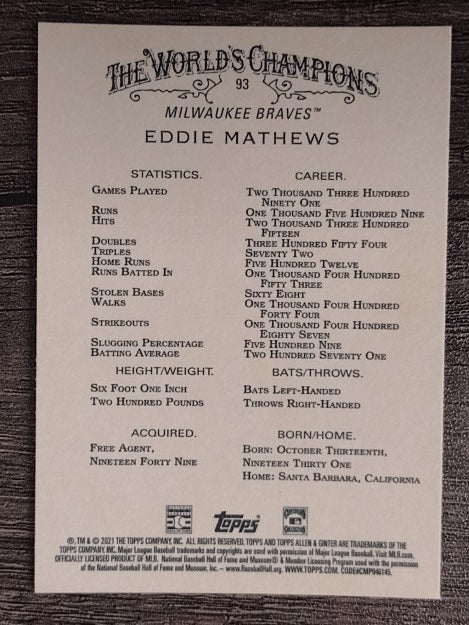 2021 Topps Allen and Ginter #93 Eddie Mathews