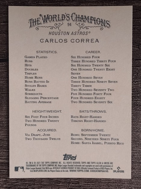 2021 Topps Allen and Ginter #94 Carlos Correa