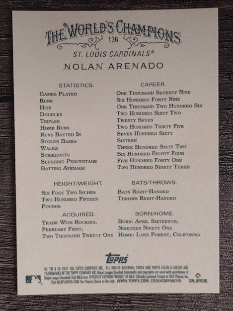 2021 Topps Allen and Ginter #136 Nolan Arenado