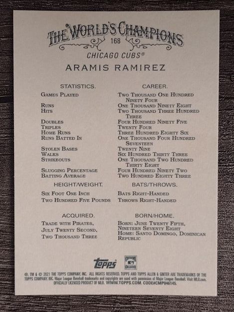 2021 Topps Allen and Ginter #168 Aramis Ramirez