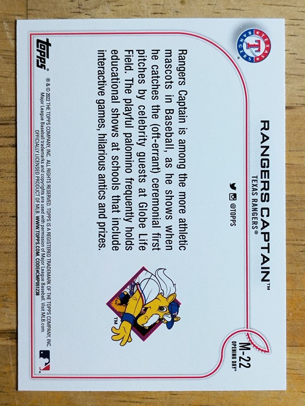 2022 Topps Opening Day Mascots #M22 Rangers Captain