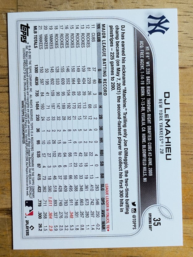 2022 Topps Opening Day #35 DJ LeMahieu