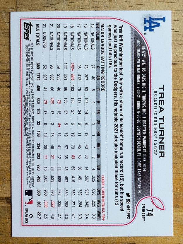 2022 Topps Opening Day #74 Trea Turner