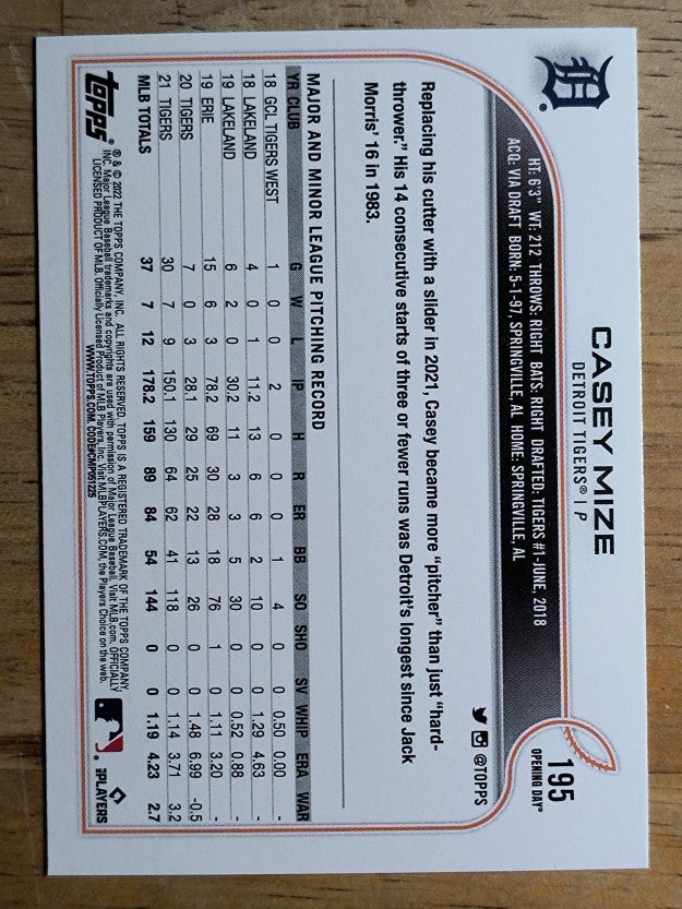 2022 Topps Opening Day #195 Casey Mize