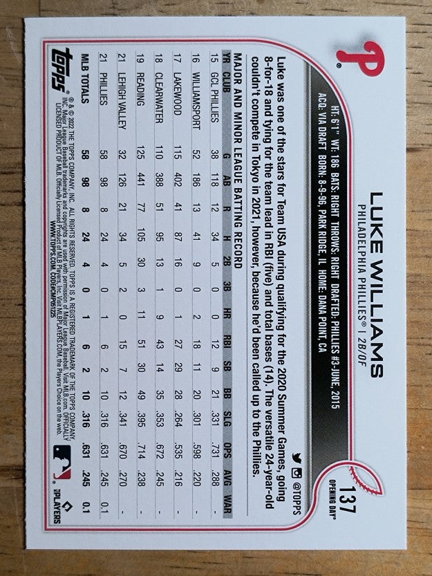 2022 Topps Opening Day #137 Luke Williams RC
