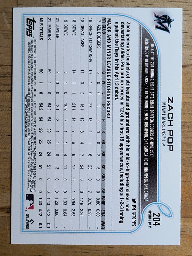 2022 Topps Opening Day #204 Zach Pop RC