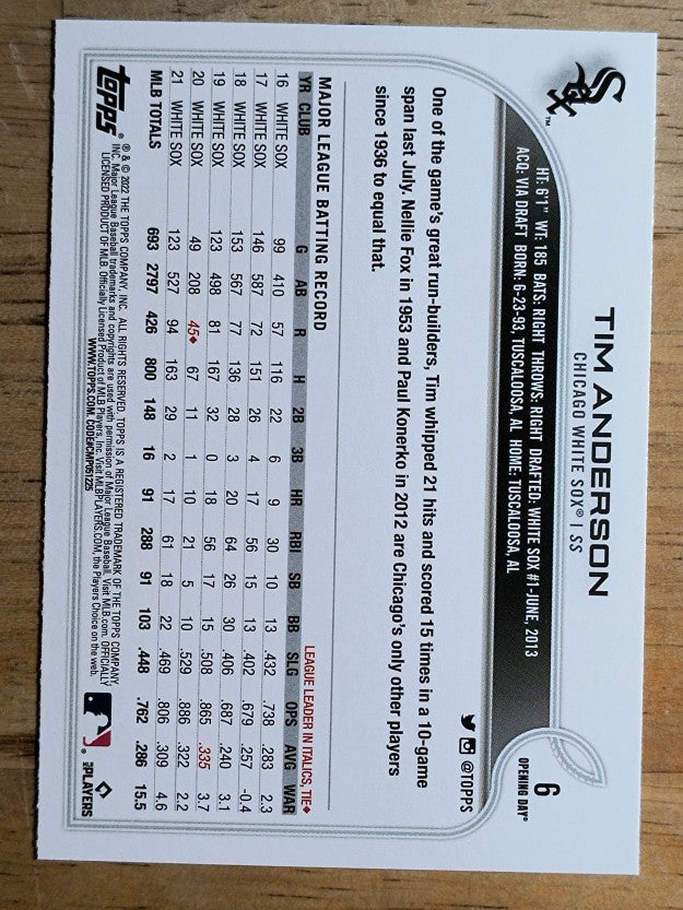 2022 Topps Opening Day #6 Tim Anderson
