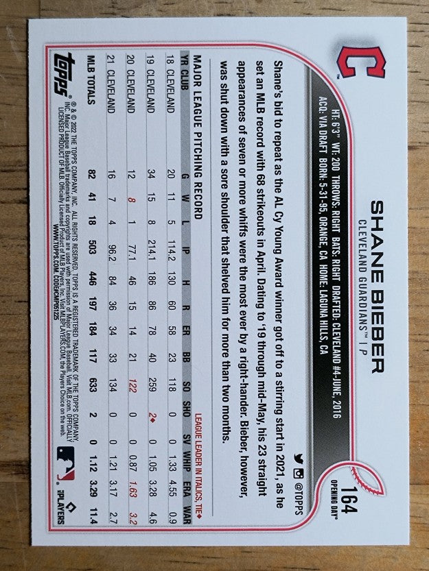 2022 Topps Opening Day #164 Shane Bieber