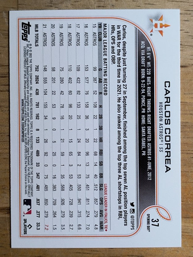 2022 Topps Opening Day #37 Carlos Correa